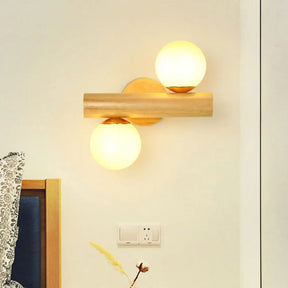 Contemporary Milk Glass Wall Lamp With Wooden Base - 2 Lights In White For Bathroom Wood