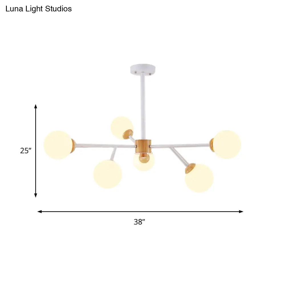 Contemporary Milky Glass Sphere Chandelier - 6/15 Head Pendant Lighting Fixture In White/Black