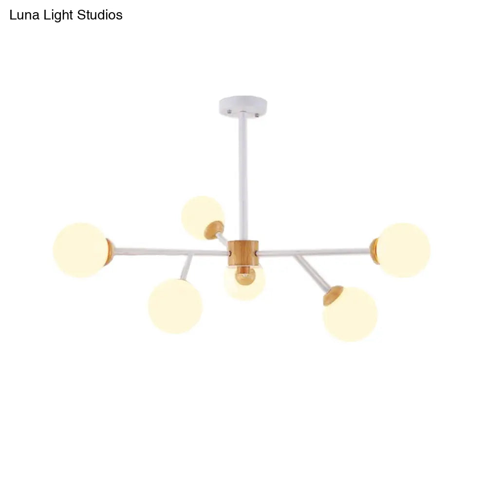 Contemporary Milky Glass Sphere Chandelier - 6/15 Head Pendant Lighting Fixture In White/Black