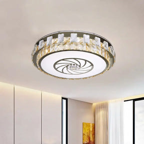 Contemporary Nickel Led Ceiling Mount With Clear Beveled Crystal Blocks & Windmill Pattern - Flush