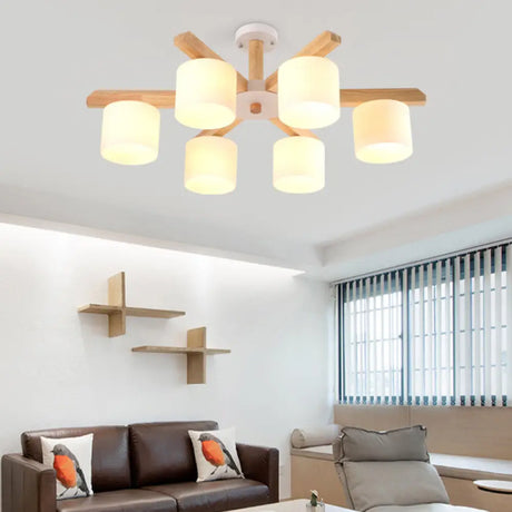 Contemporary Opal Glass Barrel Shade Led Wood Chandelier For Living Room 6 /