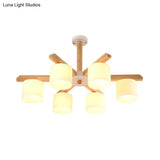 Contemporary Opal Glass Barrel Shade Led Wood Chandelier For Living Room