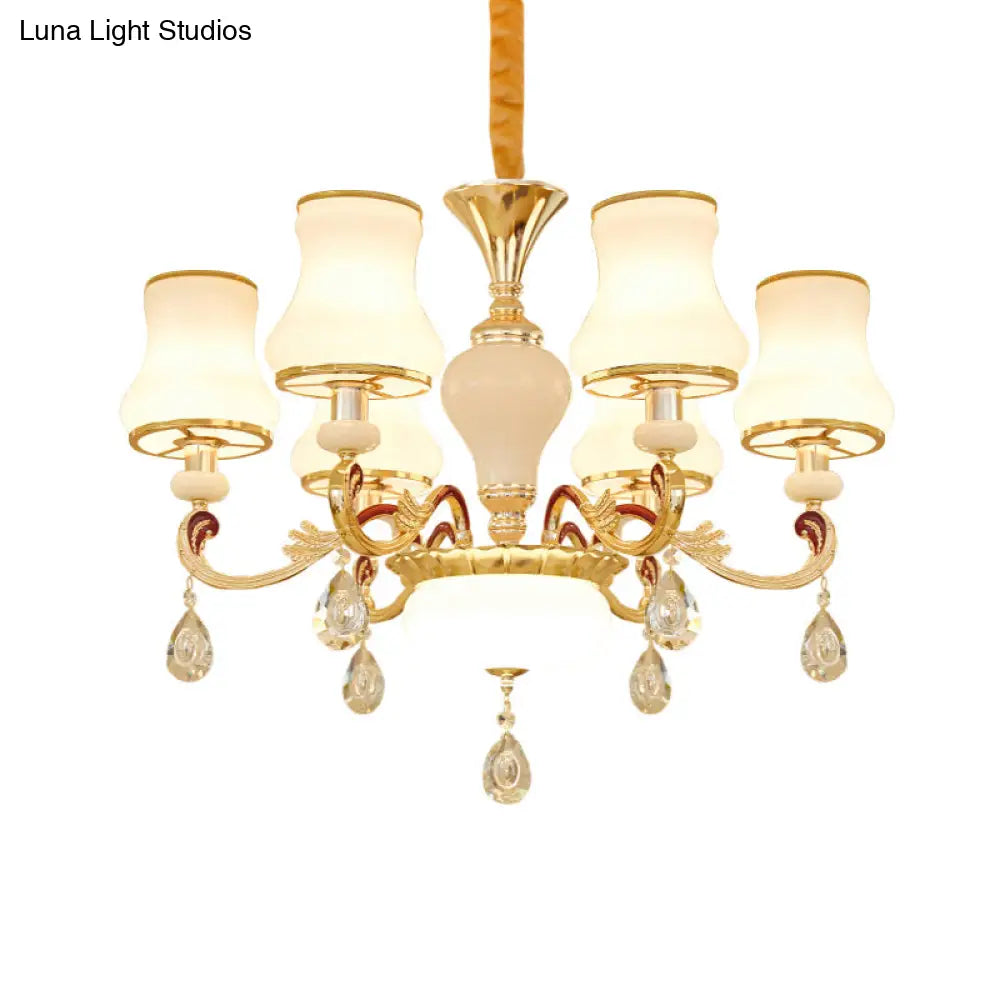 Contemporary Opal Glass Curved Cone Chandelier Light With Crystal Drop Deco - Gold Finish 3/6 Bulbs