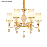Contemporary Opal Glass Curved Cone Chandelier Light With Crystal Drop Deco - Gold Finish 3/6 Bulbs