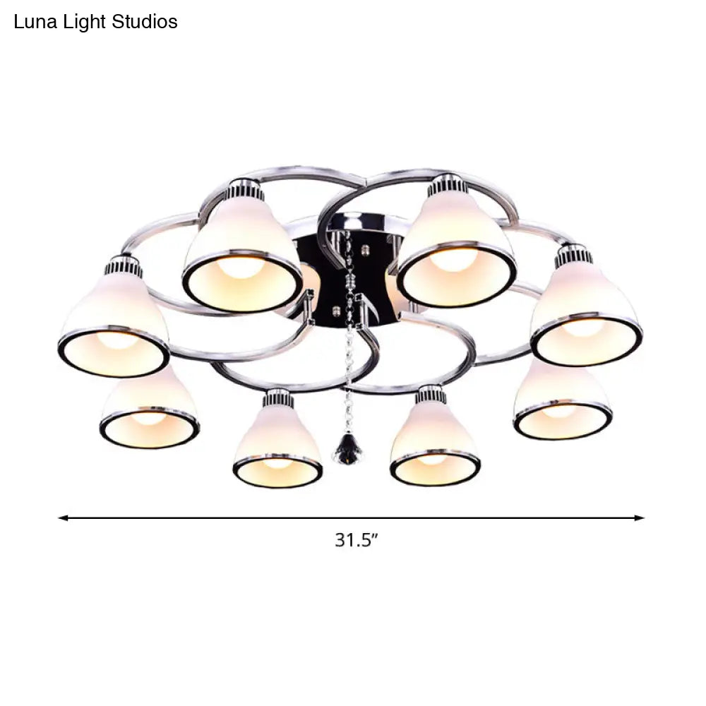 Contemporary Opal Glass Semi Flush Light Crystal 8 - Light Mount In Chrome For Living Room