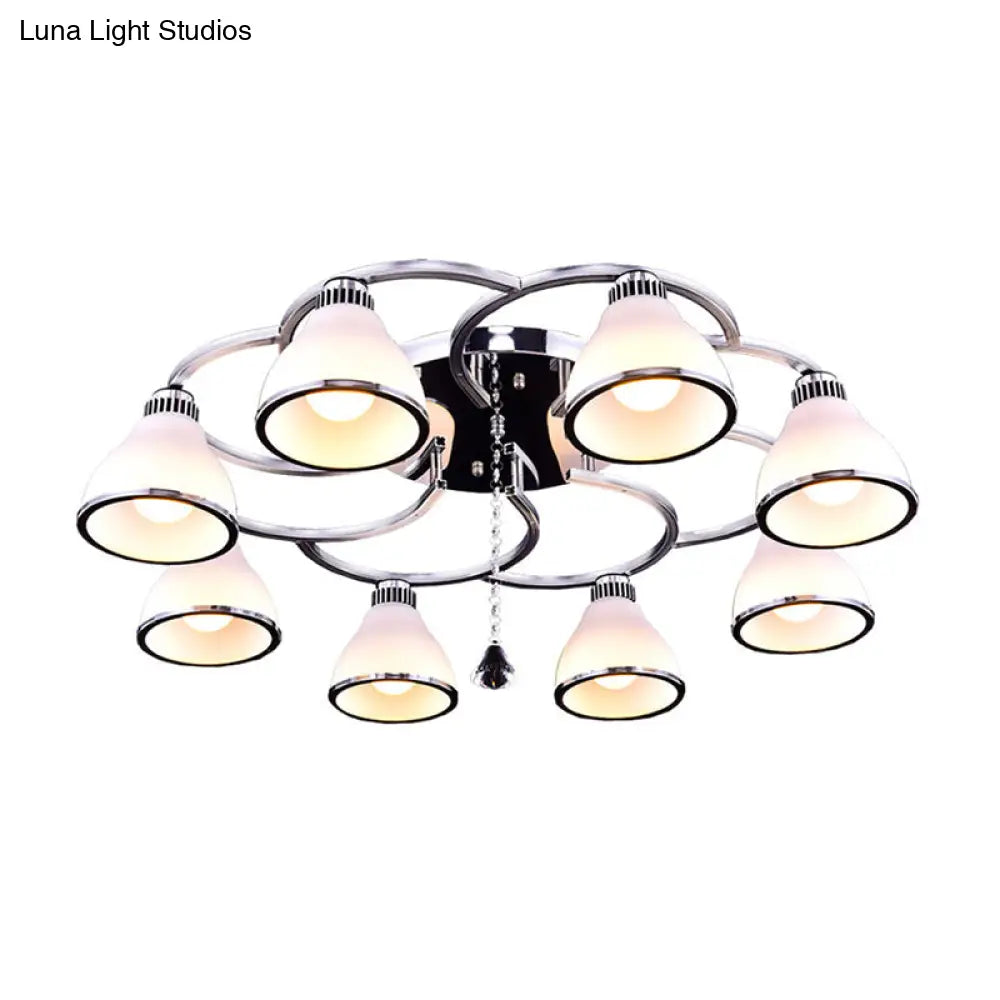 Contemporary Opal Glass Semi Flush Light Crystal 8 - Light Mount In Chrome For Living Room