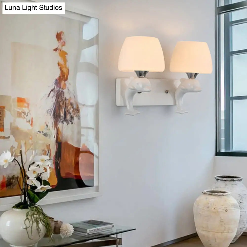 Contemporary Opal Glass Wall Light With Dolphin Decor - Tapered Shape 2 Bulbs White Lighting Fixture