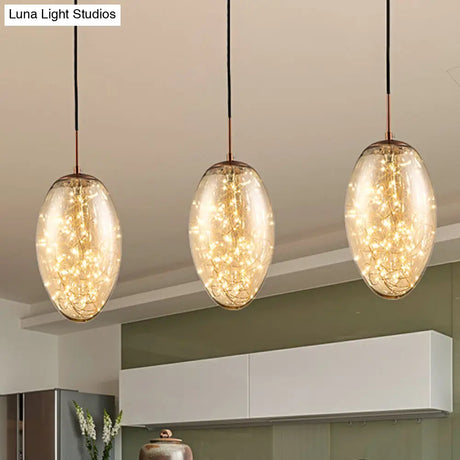 Contemporary Oval Led Pendant Light In Smoke Gray/Amber Glass For Living Rooms
