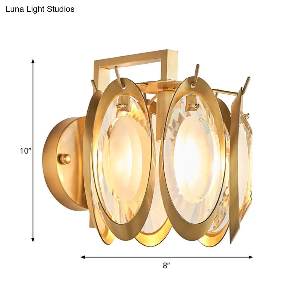 Contemporary Oval Wall Light With Clear Crystal Deco - Metallic 1-Light Fixture For Living Room