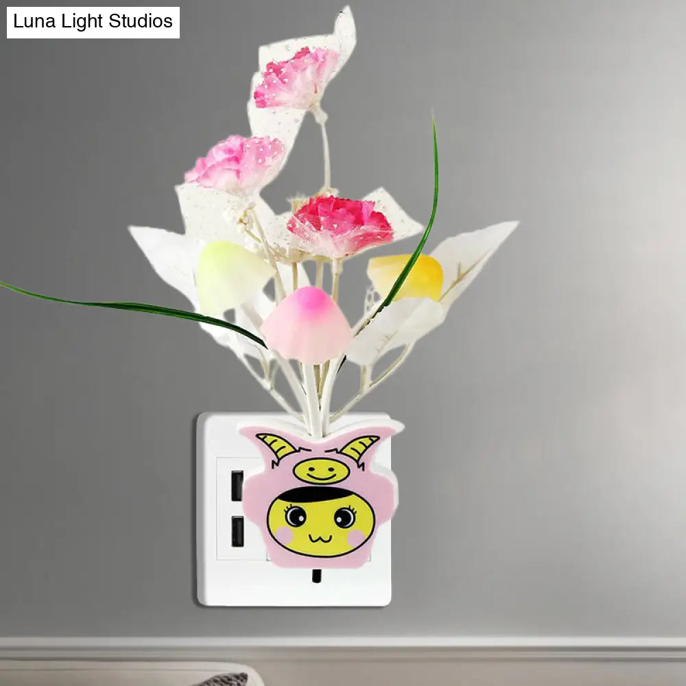 Contemporary Plastic Blooming Flower Wall Nightlight - Yellow/Pink/Peach Led Night Light With Plug