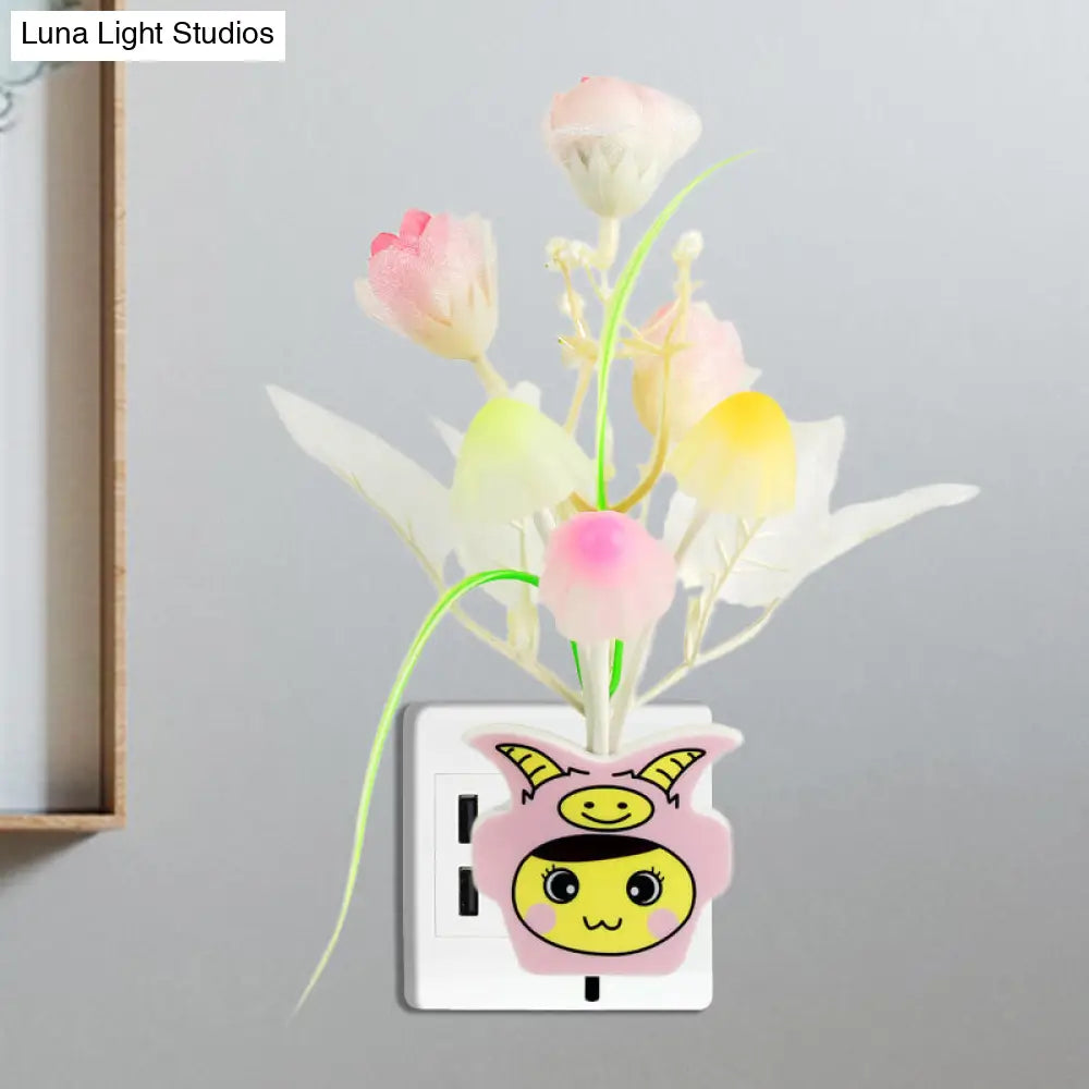 Contemporary Plastic Blooming Flower Wall Nightlight - Yellow/Pink/Peach Led Night Light With Plug