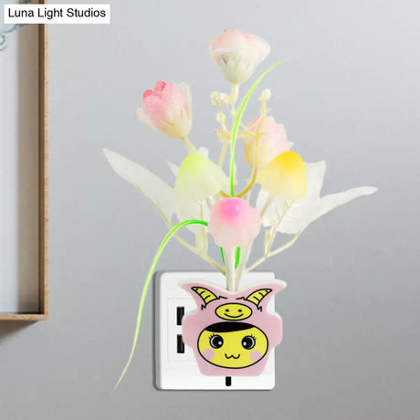 Contemporary Plastic Blooming Flower Wall Nightlight - Yellow/Pink/Peach Led Night Light With Plug