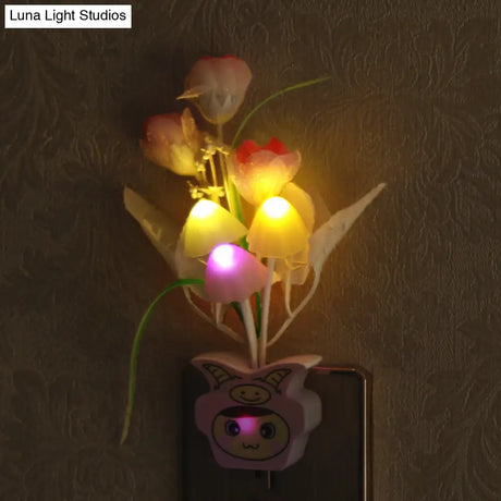 Contemporary Plastic Blooming Flower Wall Nightlight - Yellow/Pink/Peach Led Night Light With Plug