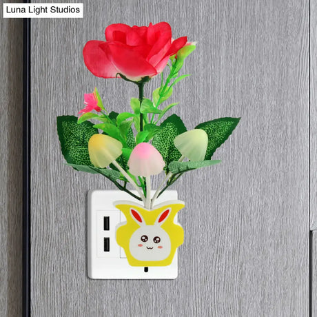 Contemporary Plastic Blooming Flower Wall Nightlight - Yellow/Pink/Peach Led Night Light With Plug