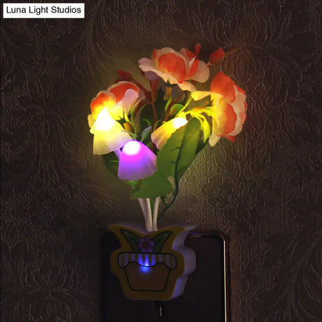 Contemporary Plastic Blooming Flower Wall Nightlight - Yellow/Pink/Peach Led Night Light With Plug