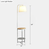 Contemporary Round Fabric Floor Lamp With 2-Tier Shelf - Single-Bulb White Standing Lighting