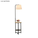 Contemporary Round Fabric Floor Lamp With 2-Tier Shelf - Single-Bulb White Standing Lighting