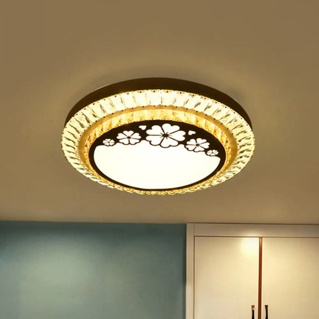 Contemporary Round Led Ceiling Flush Mount With Clear Cut Crystal & Elegant Floral/Cubical Pattern