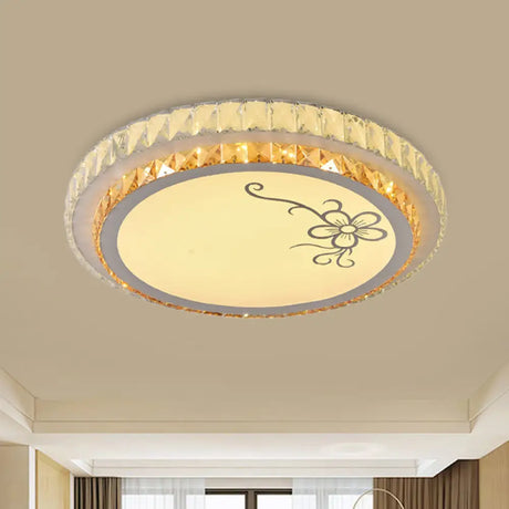 Contemporary Round Led Ceiling Flush Mount With Clear Cut Crystal & Elegant Floral/Cubical Pattern
