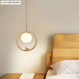 Contemporary Round Natural Wood Pendant Light - Bedroom Hanging Lamp With Bird Accent
