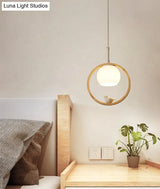Contemporary Round Natural Wood Pendant Light - Bedroom Hanging Lamp With Bird Accent
