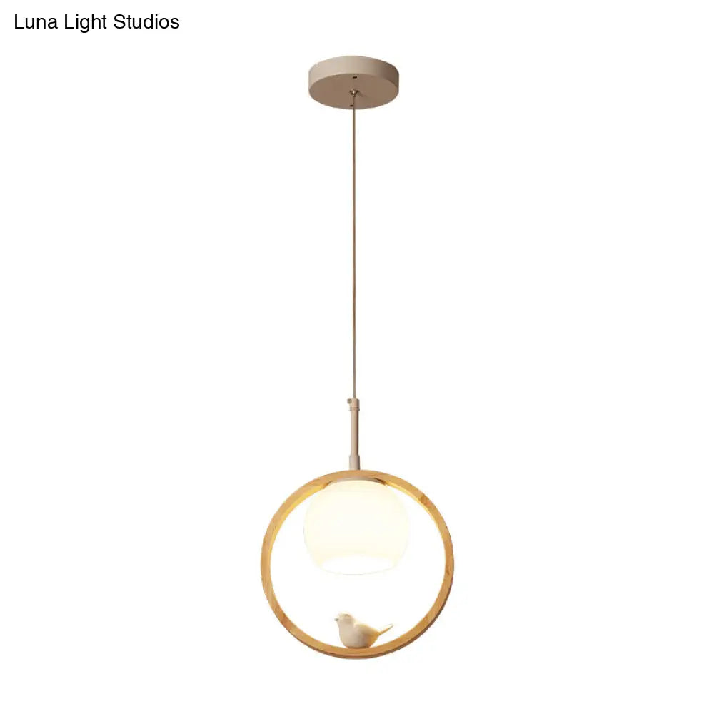Contemporary Round Natural Wood Pendant Light - Bedroom Hanging Lamp With Bird Accent