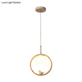 Contemporary Round Natural Wood Pendant Light - Bedroom Hanging Lamp With Bird Accent