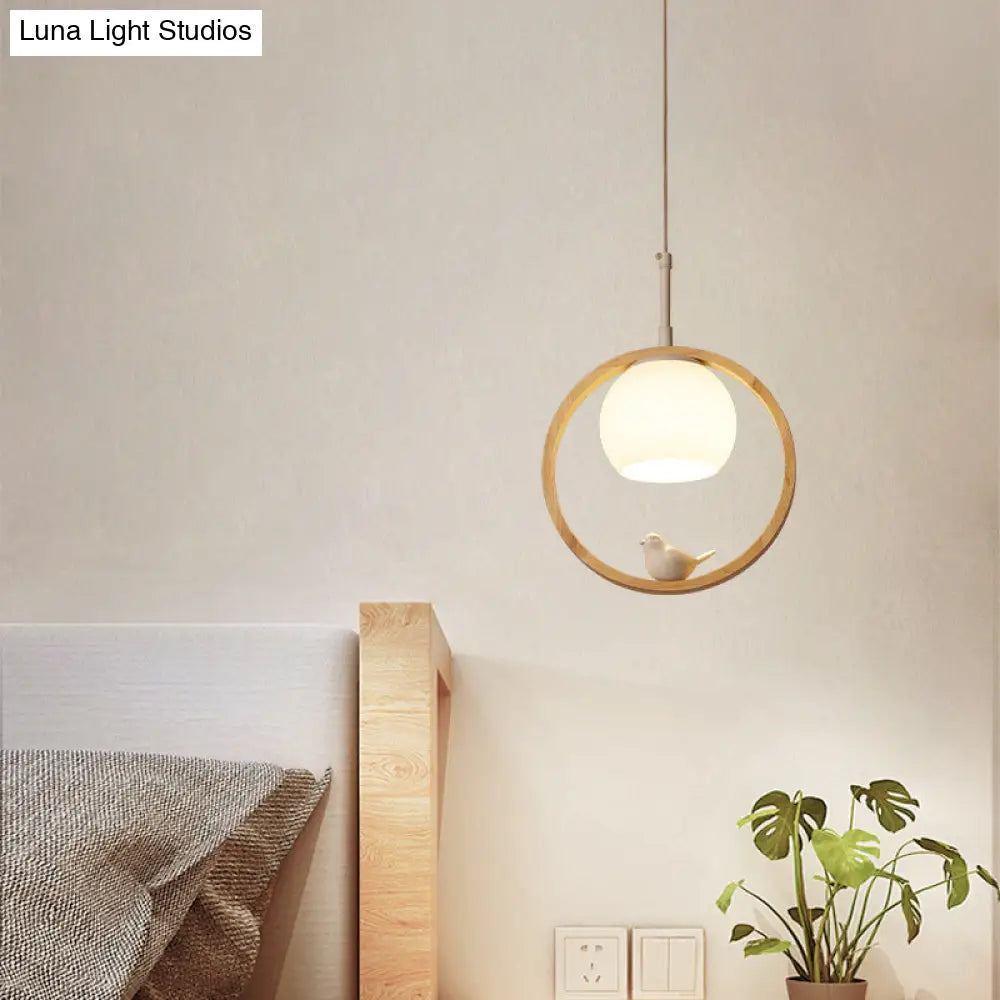 Contemporary Round Natural Wood Pendant Light - Bedroom Hanging Lamp With Bird Accent