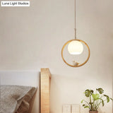 Contemporary Round Natural Wood Pendant Light - Bedroom Hanging Lamp With Bird Accent