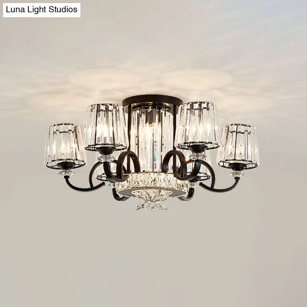 Contemporary Semi Flush Mount Ceiling Light With Clear Crystal Barrel Shade - 8 Heads Black