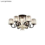 Contemporary Semi Flush Mount Ceiling Light With Clear Crystal Barrel Shade - 8 Heads Black