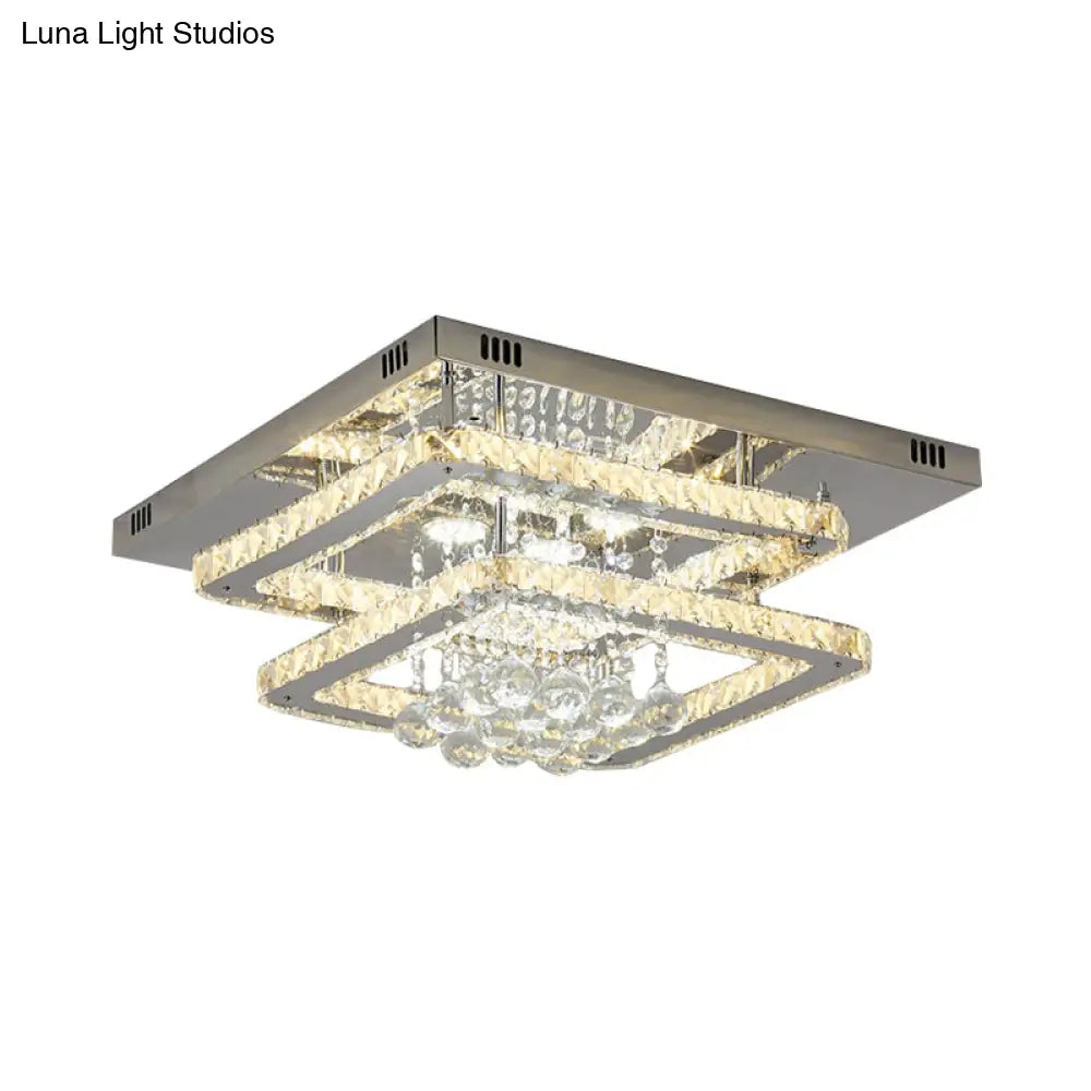Contemporary Square 2 - Tier Led Crystal Ceiling Lamp - Chrome Flush Light For Bedroom