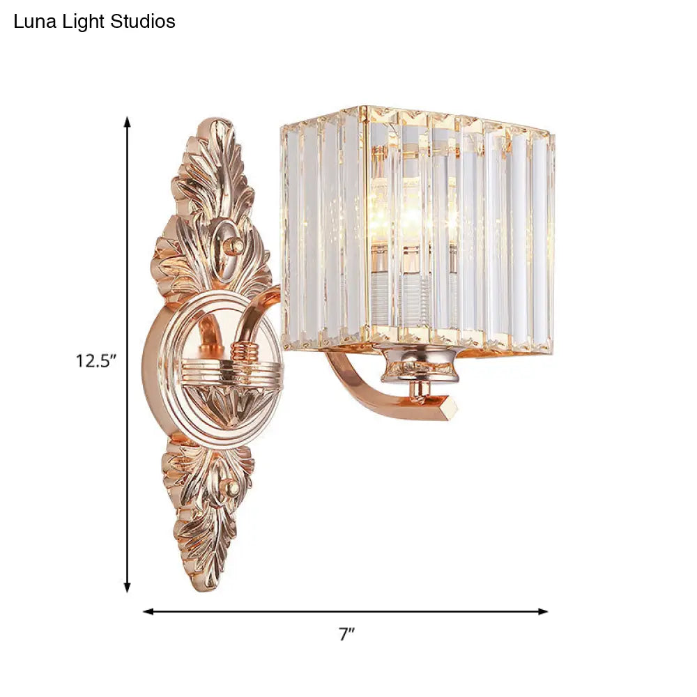 Contemporary Square Wall Sconce: Clear Crystal & Metal Carved Backplate Rose Gold