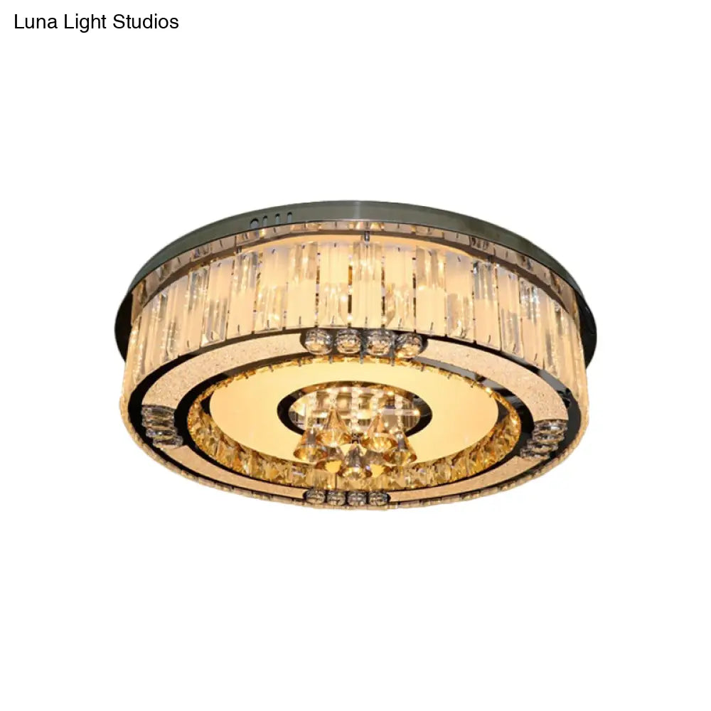 Contemporary Stainless - Steel Drum Flushmount Led Ceiling Light With Crystal Blocks