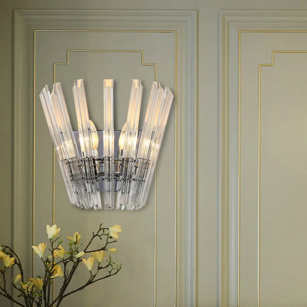 Contemporary Tapered Wall Mount Light With Clear Crystal For Corridors - Chrome Finish 2 Bulbs