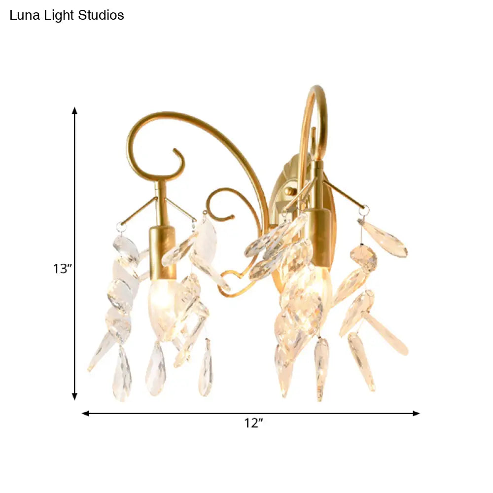 Contemporary Teardrop Crystal Wall Mount Light With 2 Brass Sconce Lights For Bedroom