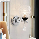 Contemporary Textured Glass Wall Mount Sconce Light With Teardrop Crystal Drop - Chrome Finish