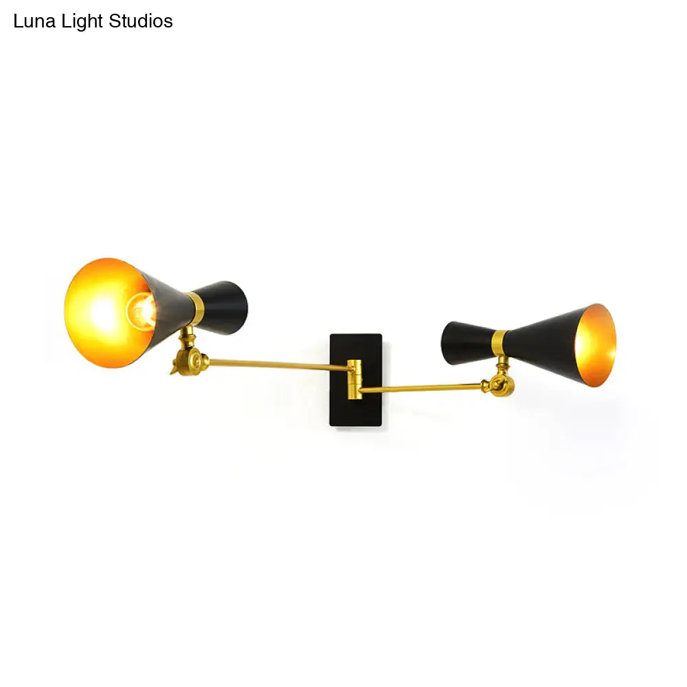 Contemporary Trumpet Wall Sconce Light In Black/White/Gold With Adjustable Arm And 1-3 Lights