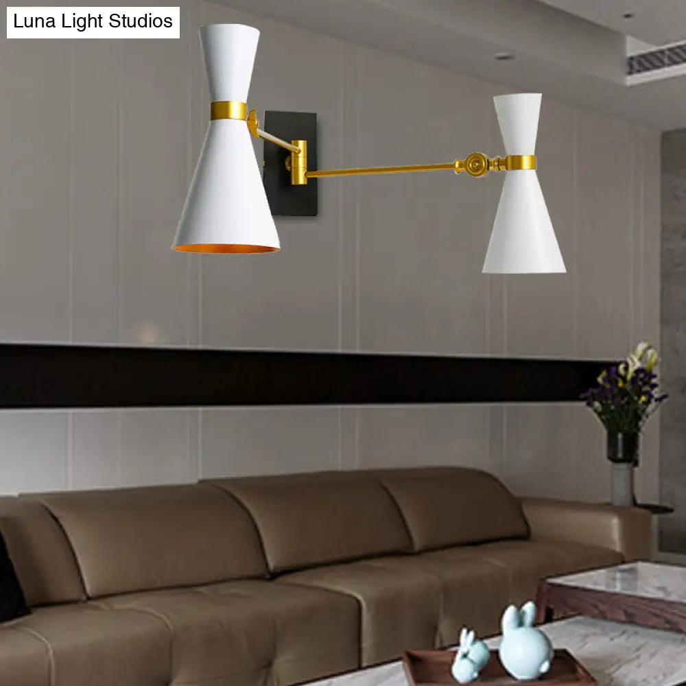 Contemporary Trumpet Wall Sconce Light In Black/White/Gold With Adjustable Arm And 1-3 Lights
