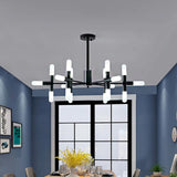 Contemporary Tubular Chandelier: 18/36-Light Black/Gold Metal Hanging Lamp With Starburst Design 18