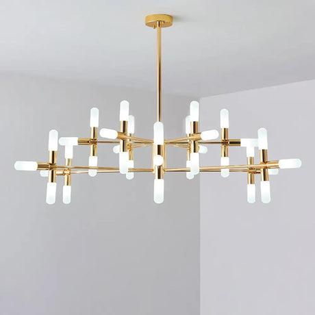 Contemporary Tubular Chandelier: 18/36-Light Black/Gold Metal Hanging Lamp With Starburst Design 36