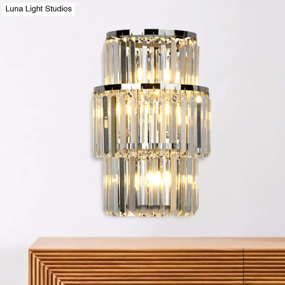 Contemporary Wall Mounted Crystal Cylinder Sconce Light - 3 Silver Lights