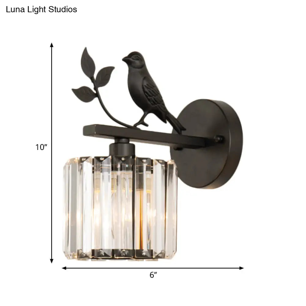 Contemporary Wall Sconce With K9 Crystal Cylinder Bird Accent And Black/Gold Finish