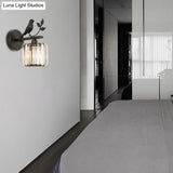 Contemporary Wall Sconce With K9 Crystal Cylinder Bird Accent And Black/Gold Finish