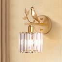 Contemporary Wall Sconce With K9 Crystal Cylinder Bird Accent And Black/Gold Finish Gold