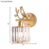 Contemporary Wall Sconce With K9 Crystal Cylinder Bird Accent And Black/Gold Finish