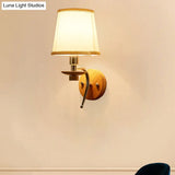 Contemporary White/Beige Fabric Wall Sconce For Corridor - Tapered Mount Fixture With 1 Bulb