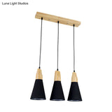 Contemporary White/Black Fabric And Wood Pendant Lamp - 3 Lights Cone Hanging Ceiling Light