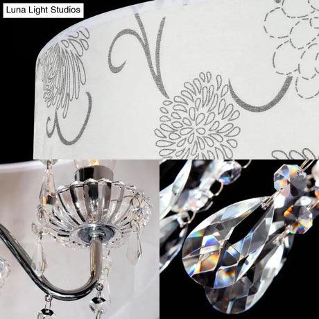 Contemporary White Drum Chandelier - 5-Light Hanging Fixture With Flower Pattern And Crystal Bead