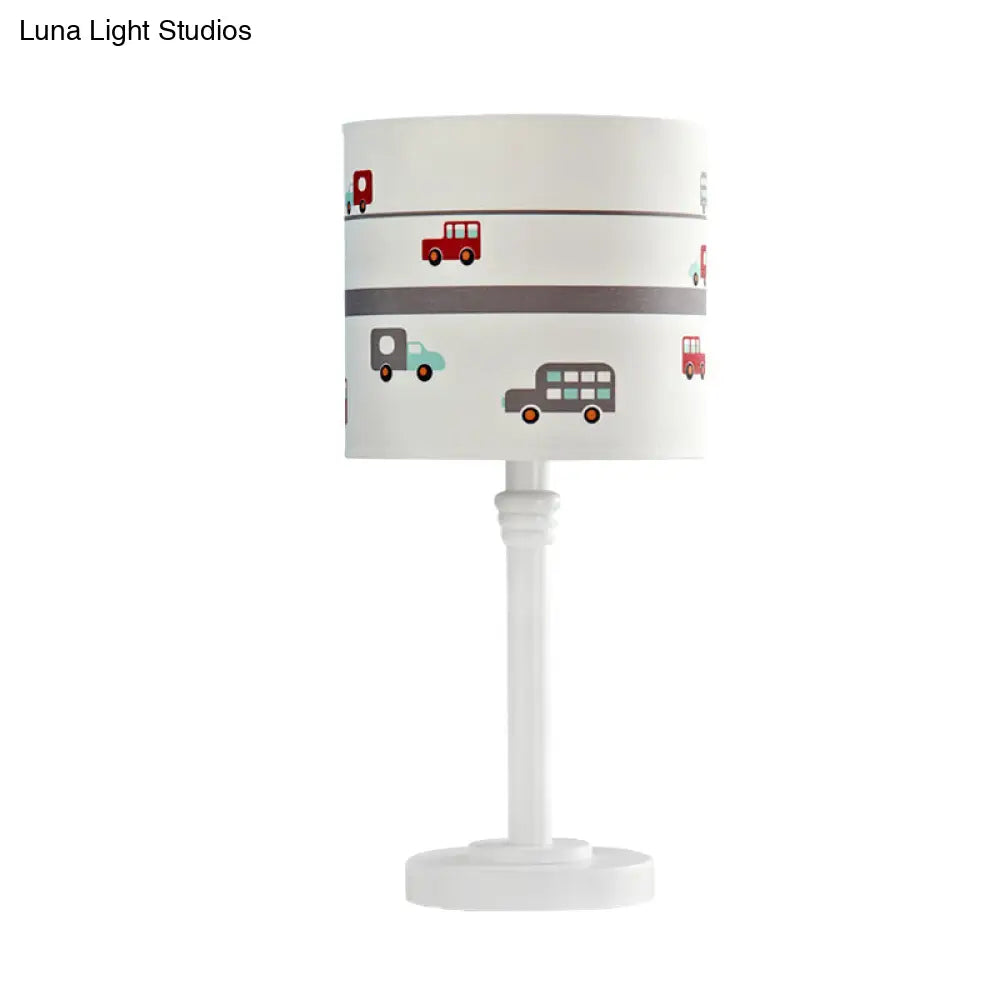 Contemporary White Drum Nightstand Table Lamp With Fabric Shade